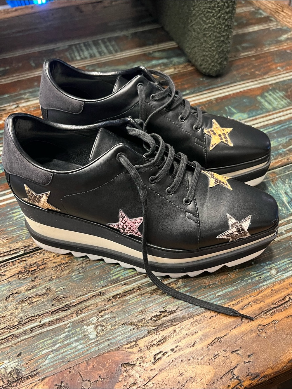 Stella McCartney Black Platform Lace-Up Sneakers with Star Appliqués